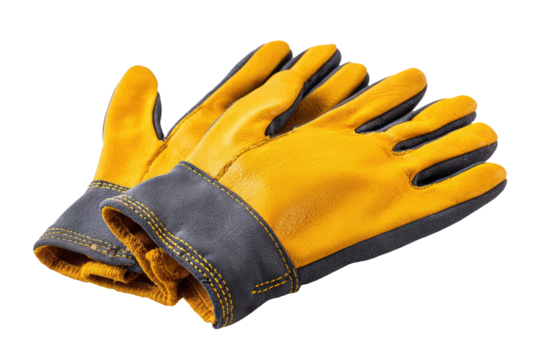 Close-up of a pair of bright yellow work gloves.  Dark gray/navy cuffs are visible.  Stitching detail highlights seams.  Gloves lie in a slight overlap, showcasing the construction