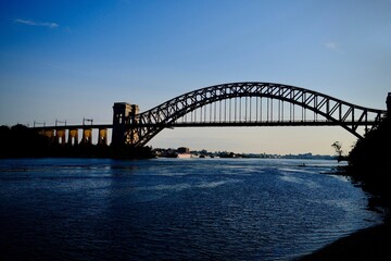 Hell Gate Bridge Silhouette Over East River (Queens, New York, USA)