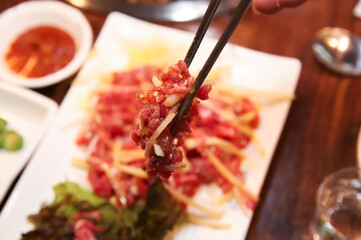 Traditional Korean food. raw beef sashimi