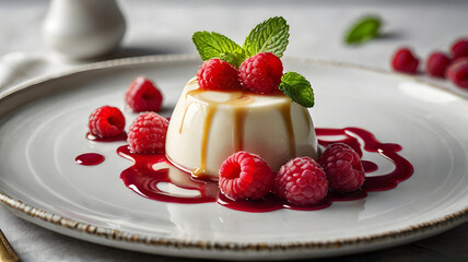 Raspberry Panna Cotta Dessert with Caramel Drizzle and Mint Garnish
