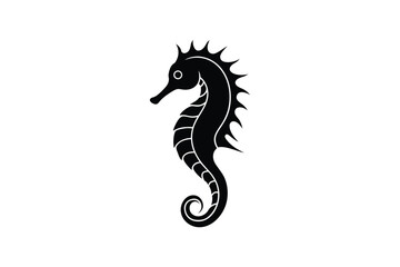 Fototapeta premium Detailed black silhouette of a seahorse showcasing its distinctive curved body and spiky dorsal fin against a clean white background a classic marine creature silhouette