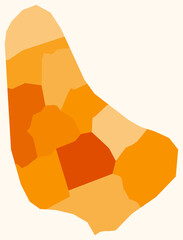 Map of Barbados with regions. Just a simple country border map with region division. Orange color palette. Flat Barbados shape with administrative division. Vector illustration.