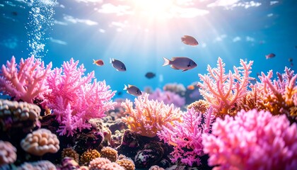 Naklejka premium Vibrant Underwater Coral Reef with Pink Coral and Fish
