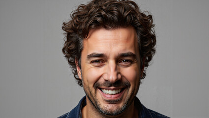 Obraz premium Young man smiling with curly hair against gray background for World Beard Day 
