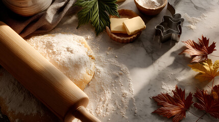 Autumn Baking: Dough and rolling pin on a marble surface, with maple leaves for a seasonal touch.