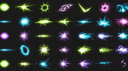Cartoon FX Animation: Energy Blasts Sparks and Special Effects on Black Background. - Powered by Adobe