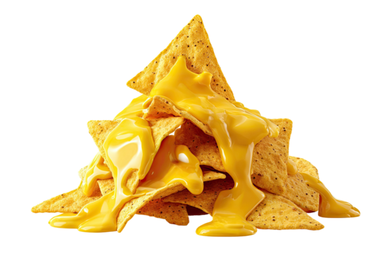 Melted cheese on tortilla chips.  A mound of triangular tortilla chips covered in a generous amount of melted cheese