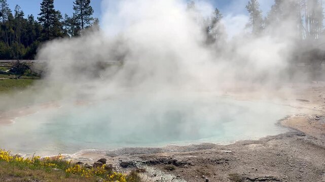 Steam rising from boiling hot water in the colourful Celestine Pool on the Fountain Paint Pot Trail in the Lower Geyser Basin in Yellowstone National Park. 
