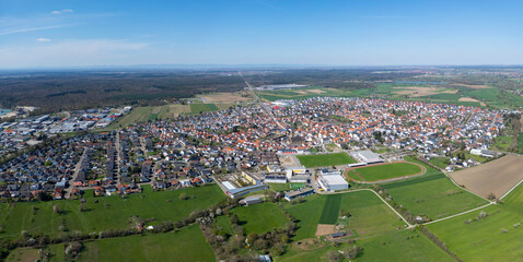 Aerial panoramic view around the city Kronach in Germany on a sunny spring day