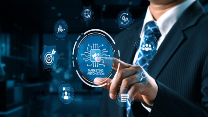 Marketing automation diagram showcase AI-driven campaign workflow, highlight marketing automation,...