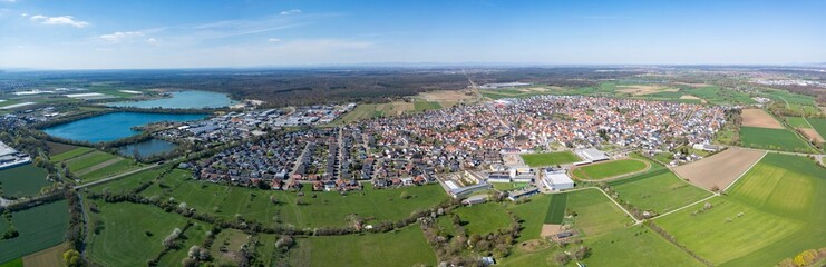 Aerial panoramic view around the city Kronach in Germany on a sunny spring day