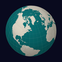 Saint Pierre and Miquelon on the map. Globe centered to Saint Pierre and Miquelon. Country location on the world map. Teal Pale Mint color palette. Globe with countries, meridians and parallels.