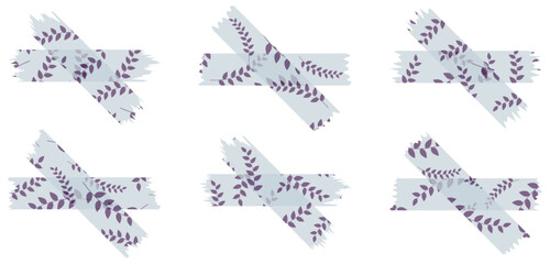 Set of semi-transparent washi tapes with pattern isolated on white. Tapes collection in vector. Pieces of decorative tape for scrapbooks. Torn paper. Spring, summer. Blue and purple