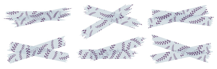 Obraz premium Set of semi-transparent washi tapes with pattern isolated on white. Tapes collection in vector. Pieces of decorative tape for scrapbooks. Torn paper. Spring, summer. Blue and purple
