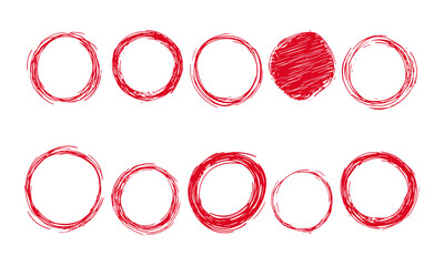 hand-drawn red circles with doodle highlights on transparent background for marking numbers, text, logos, hand sketch, marker pen and pencil design elements, rough brushstroke graphics