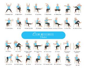 Old women Chair Exercises for Weight Loss Vector Illustration, Healthy Lifestyle. Full body yoga, fitness, aerobics, and exercise workouts. Flat cartoon character.