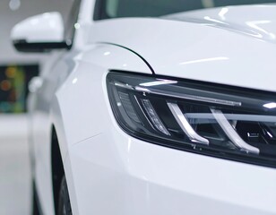 Fototapeta premium Close-up of a white car's front end