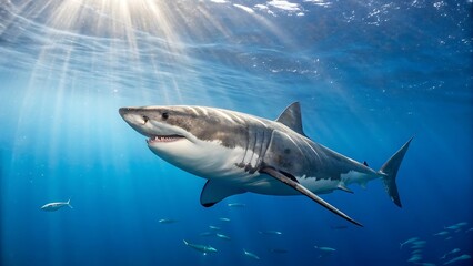 Fototapeta premium Great white shark swimming in the blue ocean with sun rays underwater