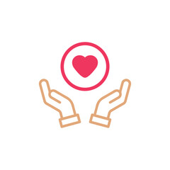 Two hands cupping a red heart inside a red circle, symbolizing care.