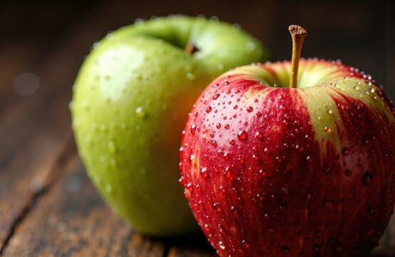 Red and green apples with water droplets on their surface, placed on a rustic wooden table, showcasing fresh fruit suitable for healthy eating or food presentation themes