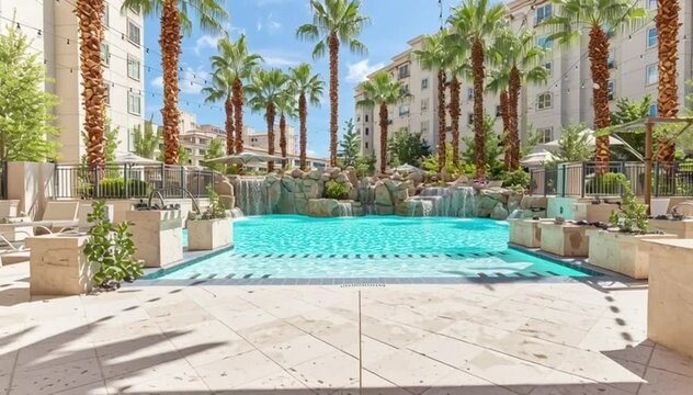 Elegant Las Vegas resort poolside with furniture and palm trees