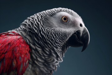 Obraz premium Striking portrait of an African Grey Parrot with vivid red wing feathers against a teal background, in a high-detail, studio lighting style