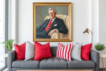 Founder's portrait dominating a modern office waiting room