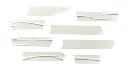 Set of realistic wrinkled white adhesive or masking tape strips. Isolated on transparent background, png