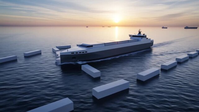 Autonomous Cargo Freight Ship Navigating Ocean at Sunset