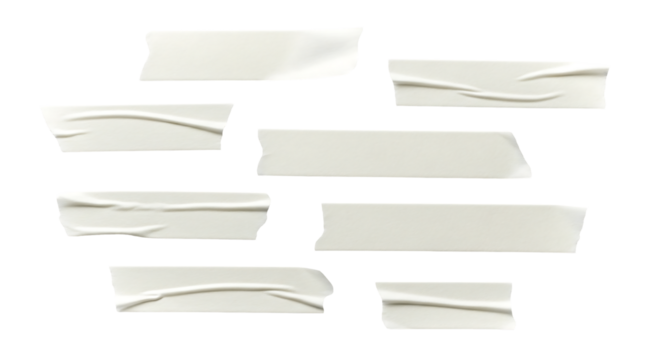 Set of realistic wrinkled white adhesive or masking tape strips. Isolated on transparent background, png