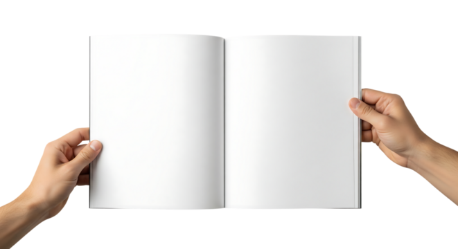 Male hands holding an open blank book or brochure for mockup. Isolated on transparent background, png
