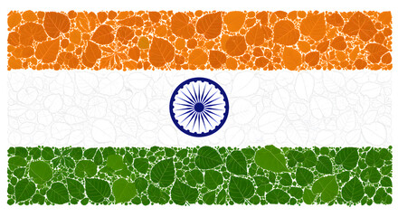 Creative illustration of the Indian national flag made with a variety of leaves, arranged in saffron, white, and green with the Ashoka Chakra in the center. A nature-inspired tribute to India.