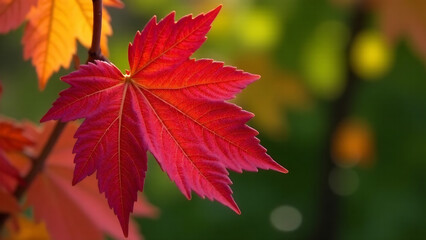 A detailed close-up of a wine leaf in autumn, showcasing vibrant colors of red, orange, and yellow.  The leaf should be in sharp focus with a blurred background of other autumn foliage.
