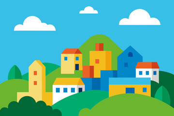 Naklejka premium Colorful geometric houses nestled on green hills under a bright blue sky with clouds