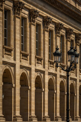 The elegant Stone Facade of the Grand Theatre Building in Bordeaux, France; Close-up