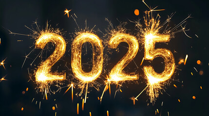 Sparkling golden year two thousand twenty five on a dark background