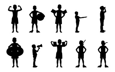 A set of twelve black silhouettes of children, depicting various summer activities and poses.