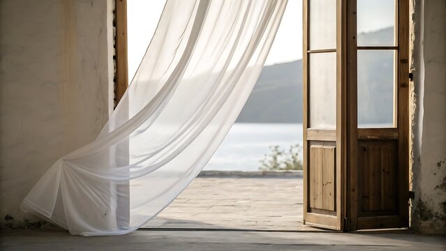 Open Doorway with Flowing White Curtain Overlooking Water, Evoking Tranquility and Peace in a Seaside Retreat. - Powered by Adobe