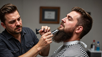Barber trimming a man's beard in a modern grooming salon for World Beard Day  