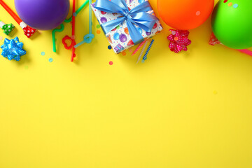 Yellow background with birthday decorations, gifts and balloons