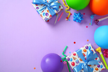 Happy birthday purple background with party decorations, gift boxes, balloons