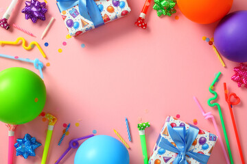 Birthday party flat lay pink background with gifts and balloon