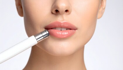 Close-up of a woman with smooth skin using a facial microcurrent device on her lips for skin toning and rejuvenation.