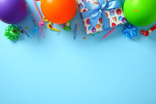 Birthday blue background with balloons, presents, and confetti border