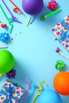 Colorful birthday party flat lay with balloons and gifts on blue background