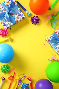 Colorful birthday party background with balloons and gifts on yellow background