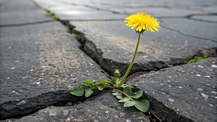 Resilient Yellow Flower Sprouts Through Cracked Pavement, A Symbol Of Perseverance And Nature's Power Over Urban Hardscapes.