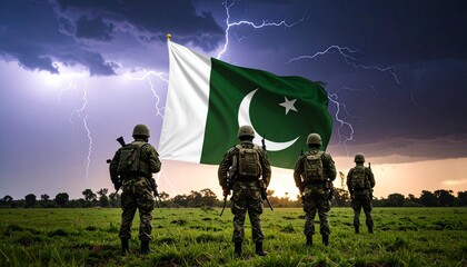 Pakistani soldiers standing in stormy field with large national flag, embodying resilience and patriotic strength