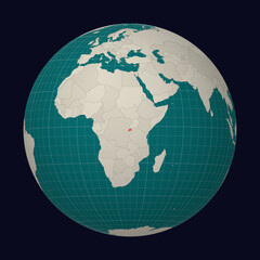 Republic of Rwanda on the map. Globe centered to Rwanda. Country location on the world map. Teal Pale Mint color palette. Globe with countries, meridians and parallels. Modern vector illustration.