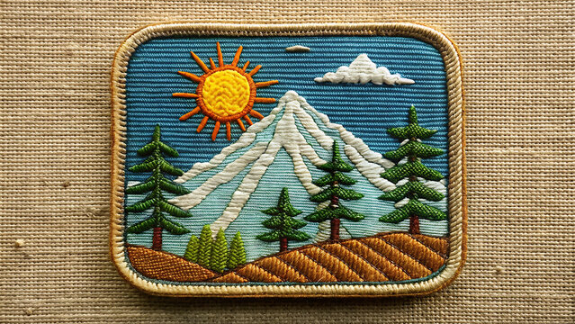Embroidered patch featuring a mountain landscape with sun, clouds, and pine trees, set against a textured fabric background